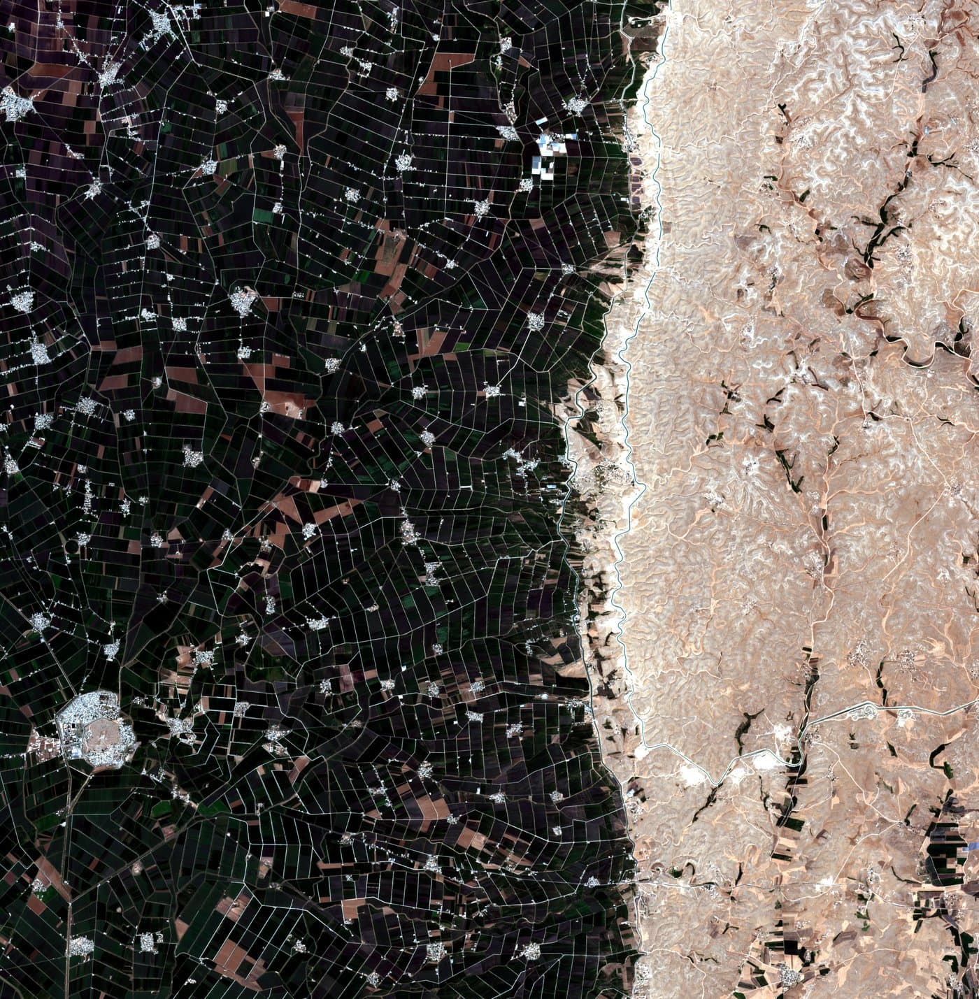 Satellite image of the same site in late September 2024, early autumn. Green crop canopy across the irrigated fields.