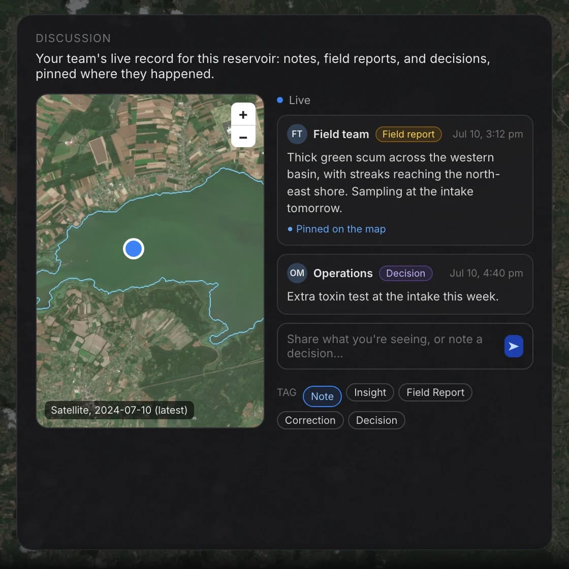 Team discussion with a field report and a decision pinned on a map of the reservoir