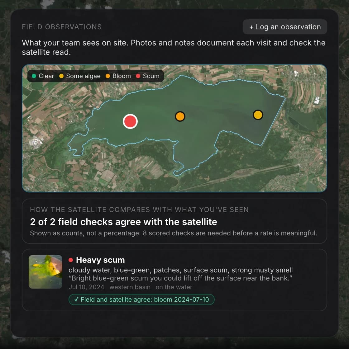 Field observations on a map of the reservoir, with a photo of surface scum and the satellite comparison