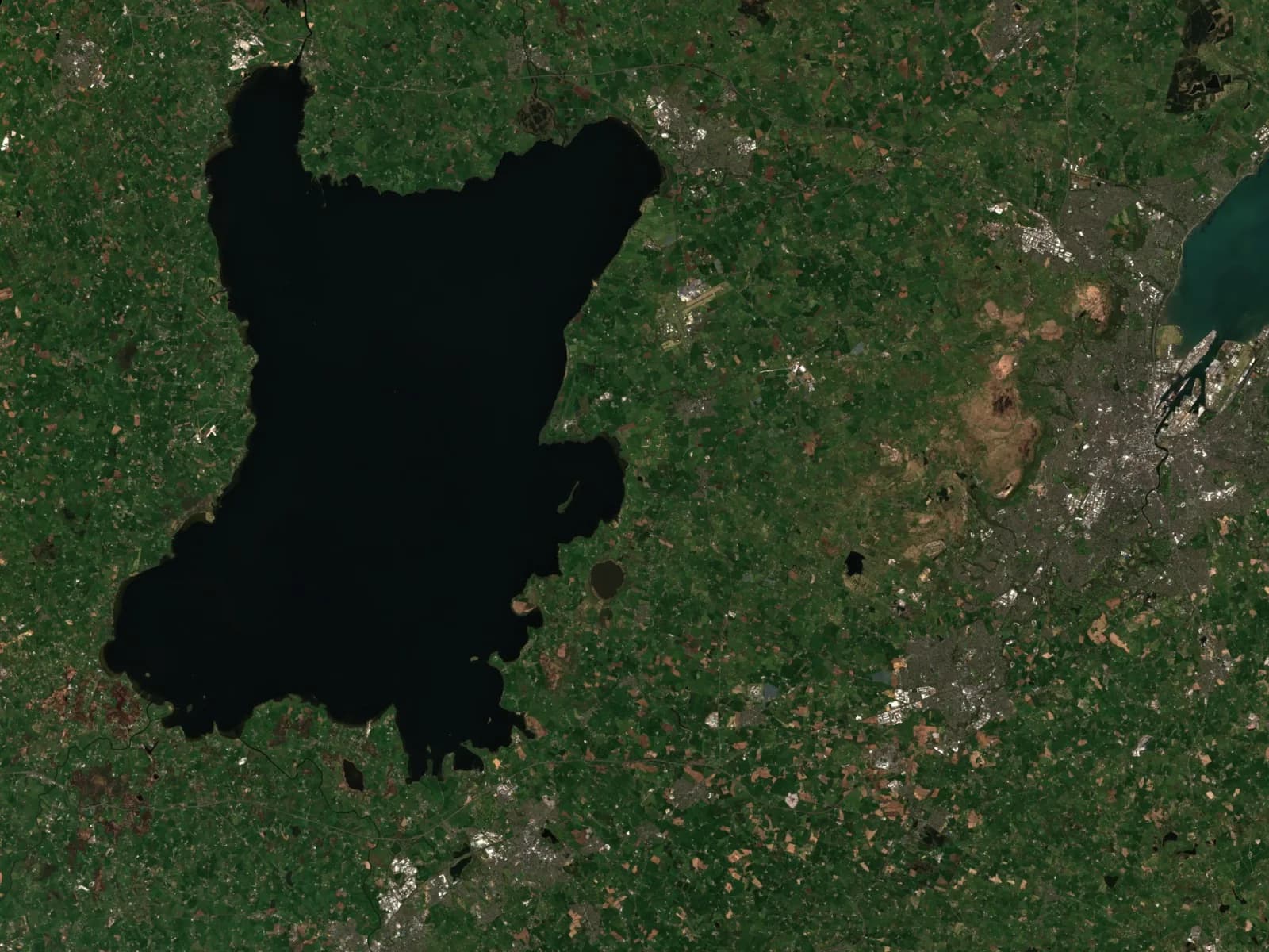 Real satellite image of Lough Neagh under clear, bloom-free conditions