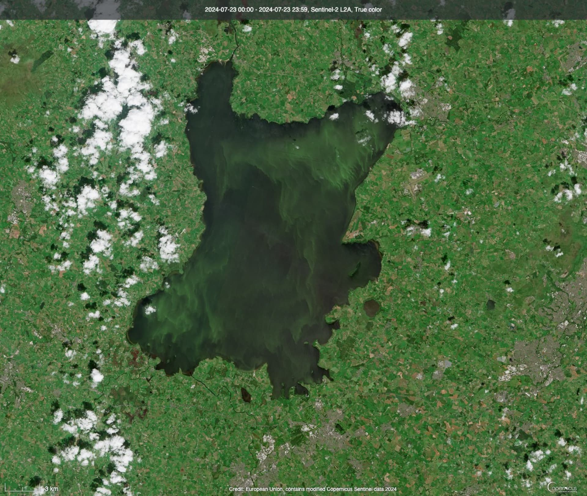Sentinel-2 satellite imagery of Lough Neagh, July 2024
