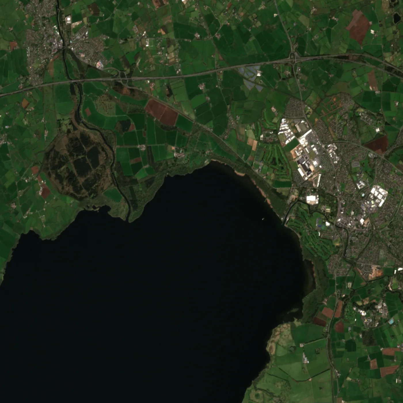 Satellite image of Six Mile Water flowing through farmland into Lough Neagh near Antrim