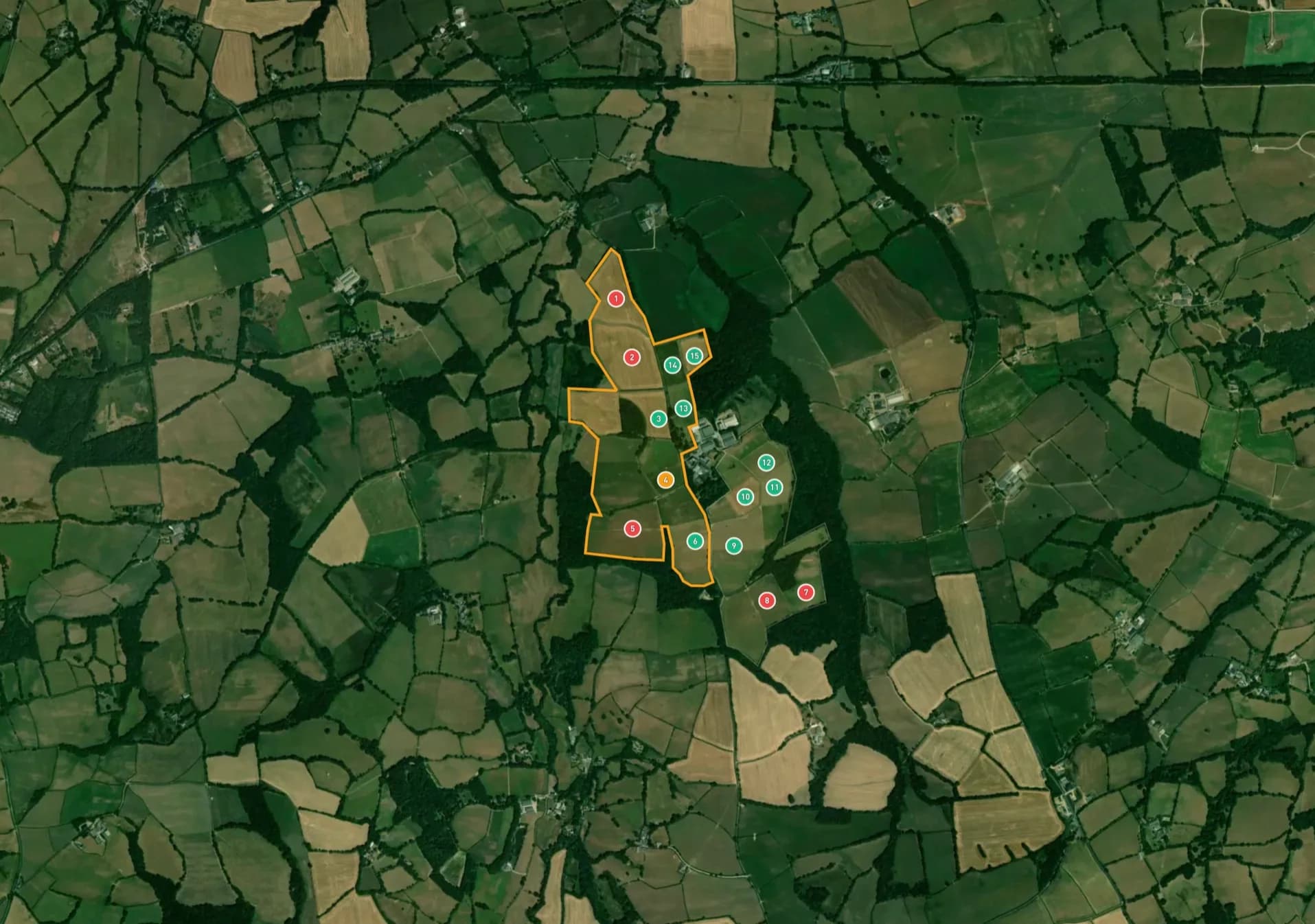 Satellite view of the North Wyke farm with Amelia field-zone analysis and monitoring stations