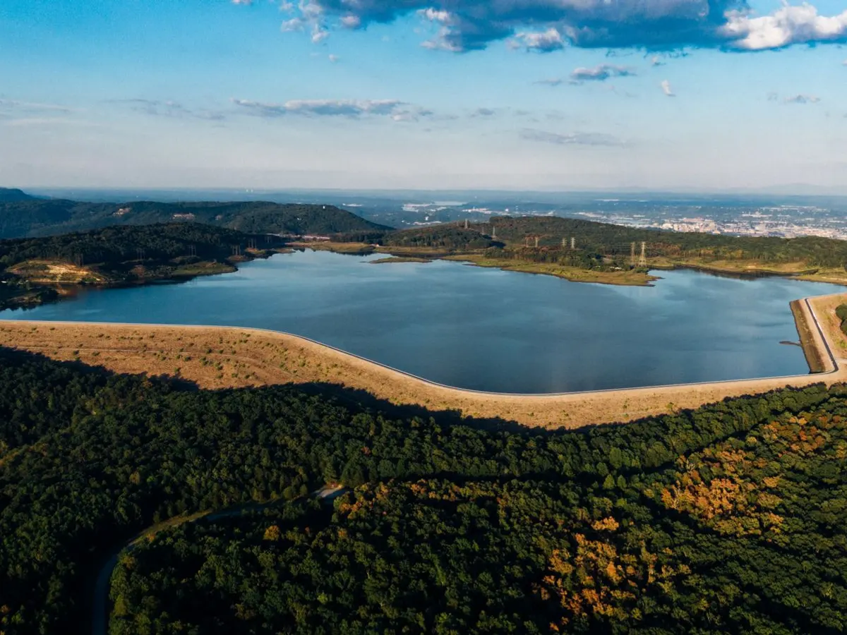Aerial view of a supply reservoir and the land around it