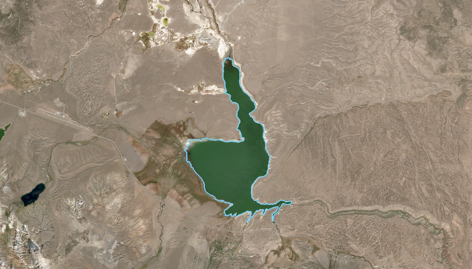 Satellite image of Crowley Lake and the Long Valley Caldera around it on September 27, 2026, with the lake outlined in blue