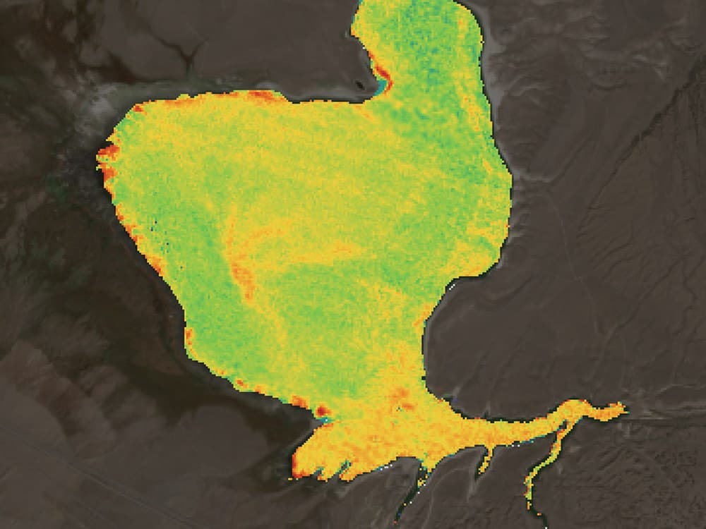 Satellite image of Crowley Lake with the chlorophyll signal painted across the water