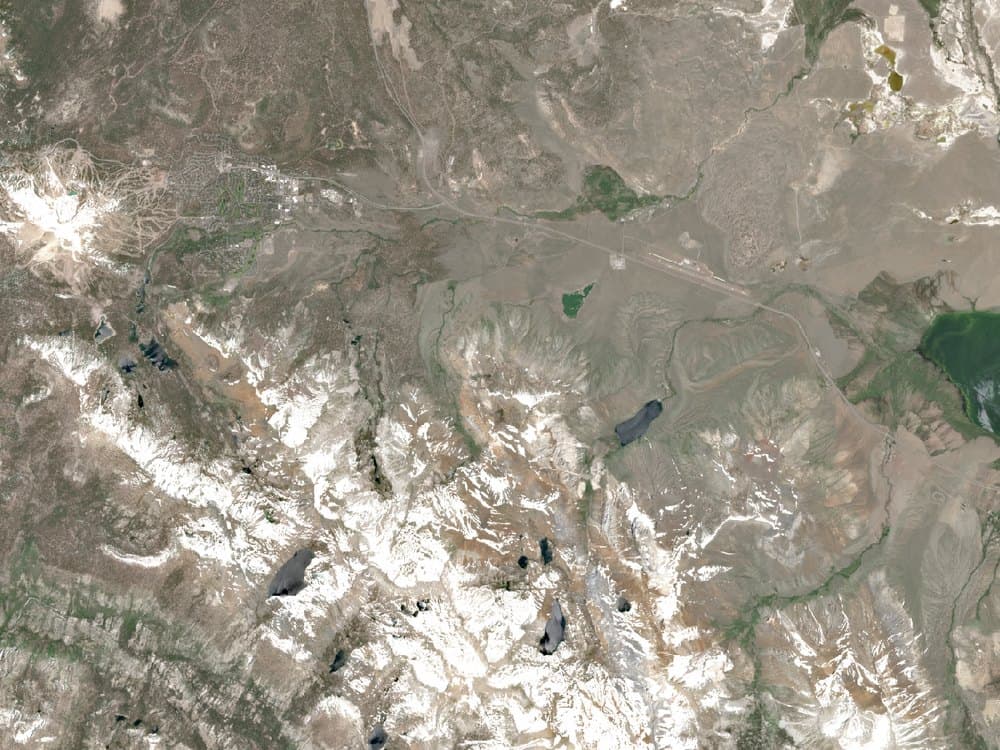 Satellite image of the Sierra Nevada crest and the valleys west of Crowley Lake, with snow on the peaks