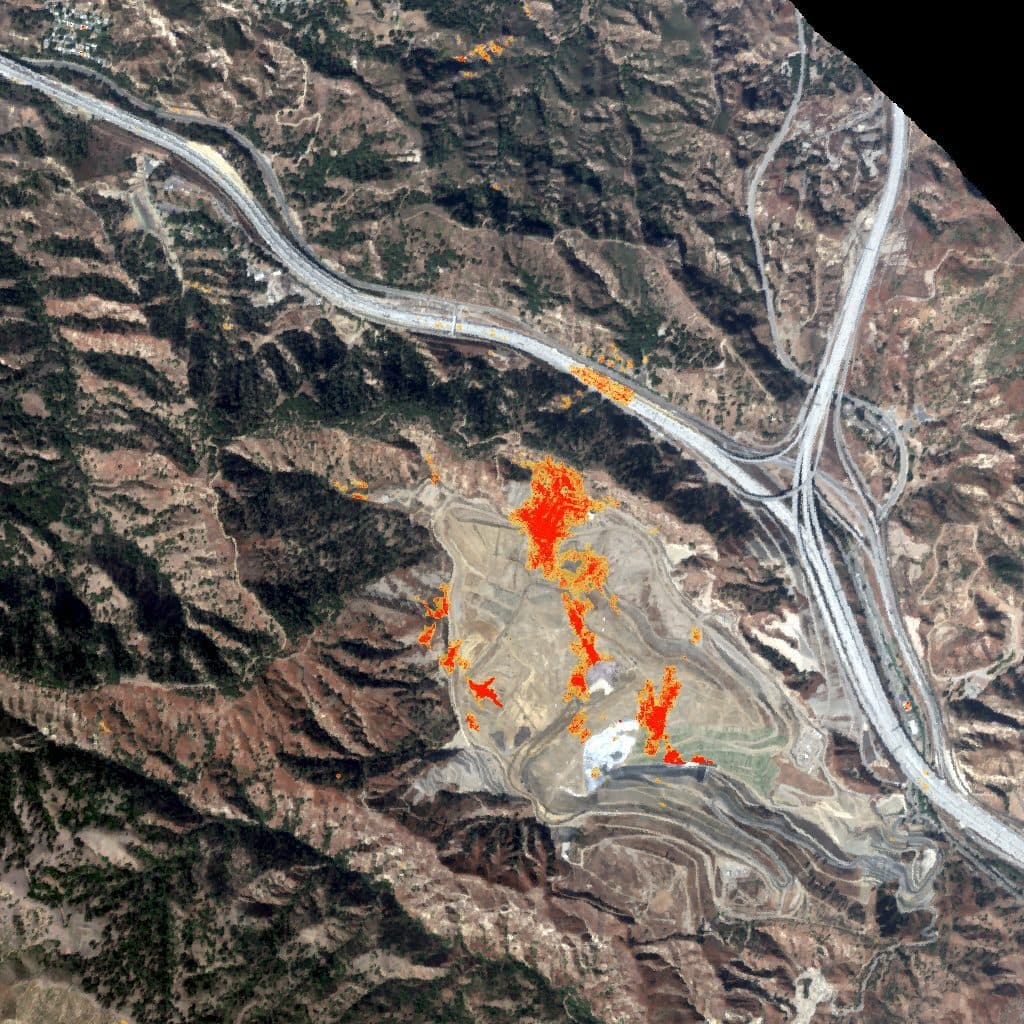 A landfill in Sylmar, Los Angeles, on 14 October 2024, with the measured methane plumes shown in orange and red