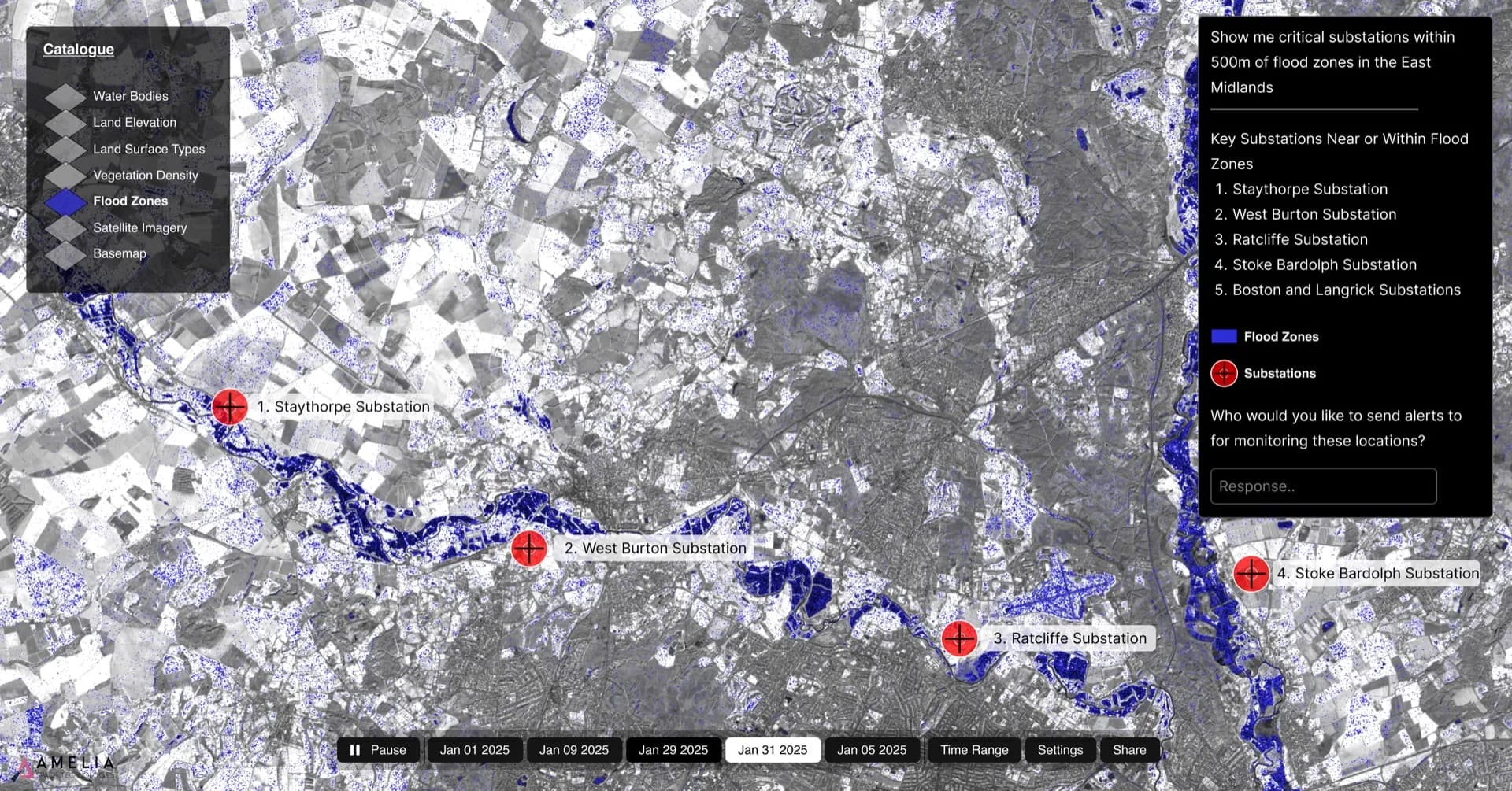 Satellite flood-intelligence map showing inundation extent