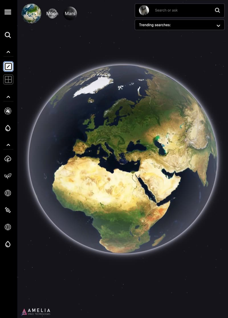 Amelia Planetary Intelligence Platform — interactive 3D globe with geospatial analysis tools