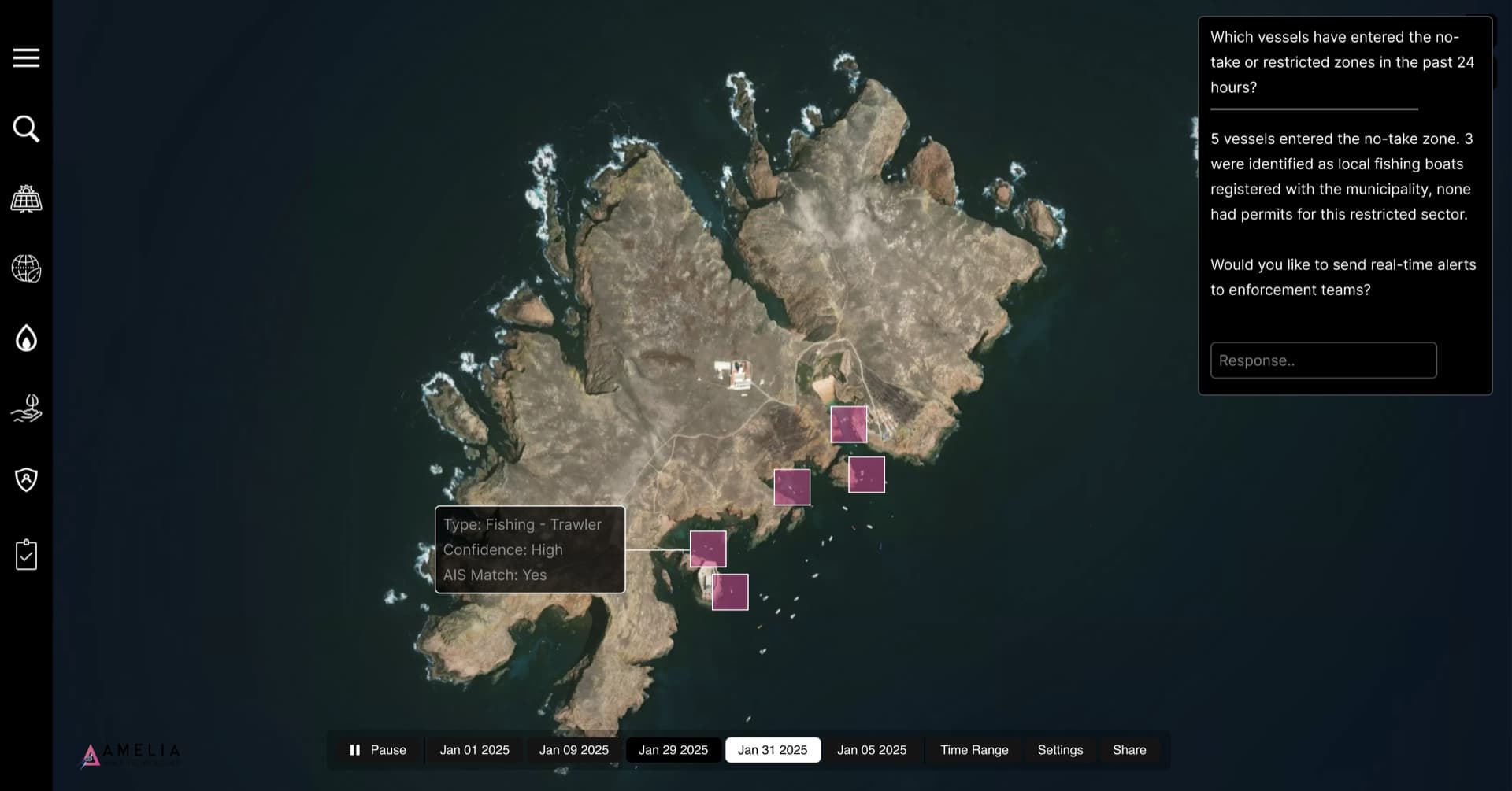 Satellite maritime-monitoring view identifying vessels inside a restricted marine zone