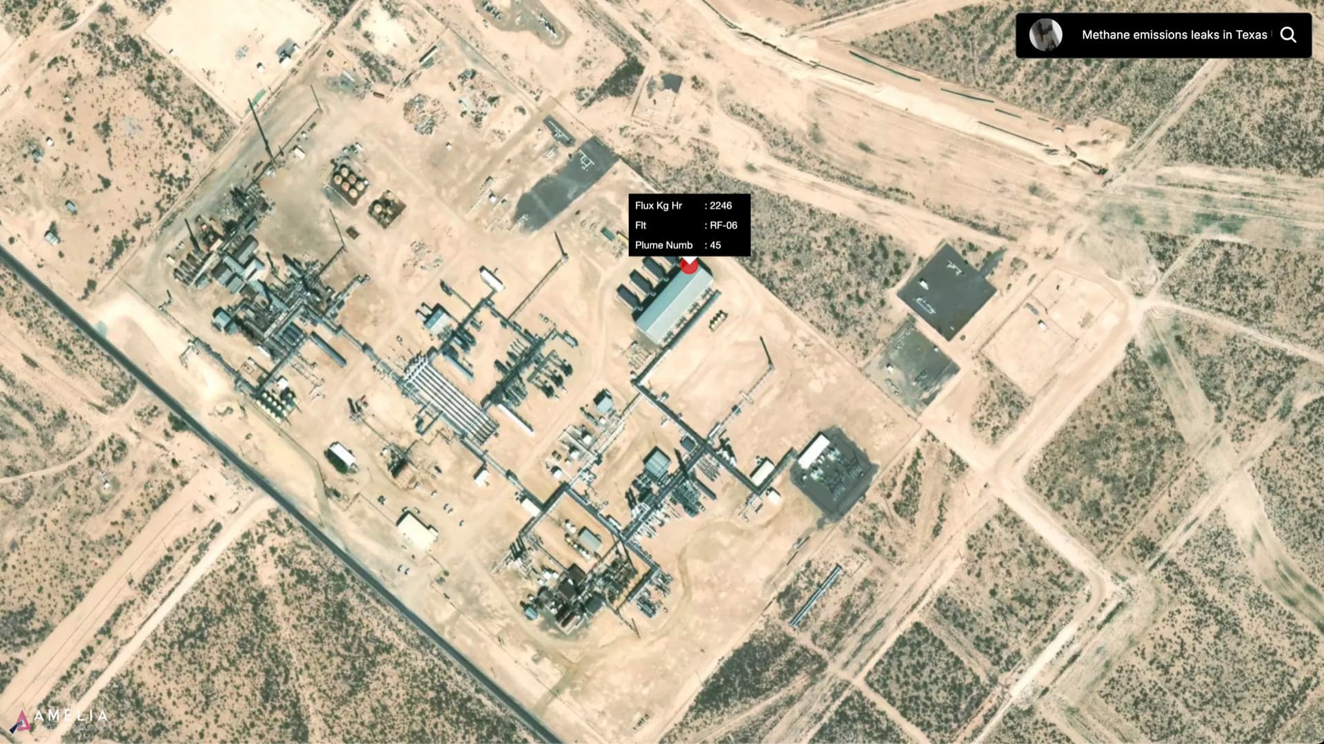 Methane emission detection at a Texas facility — satellite imagery with data overlay