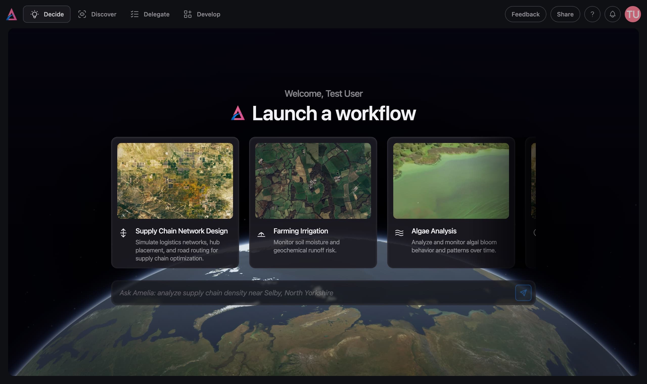 Amelia's Planetary Intelligence Platform: launch-a-workflow view showing supply-chain, farming, and analysis workflows above an Earth backdrop.