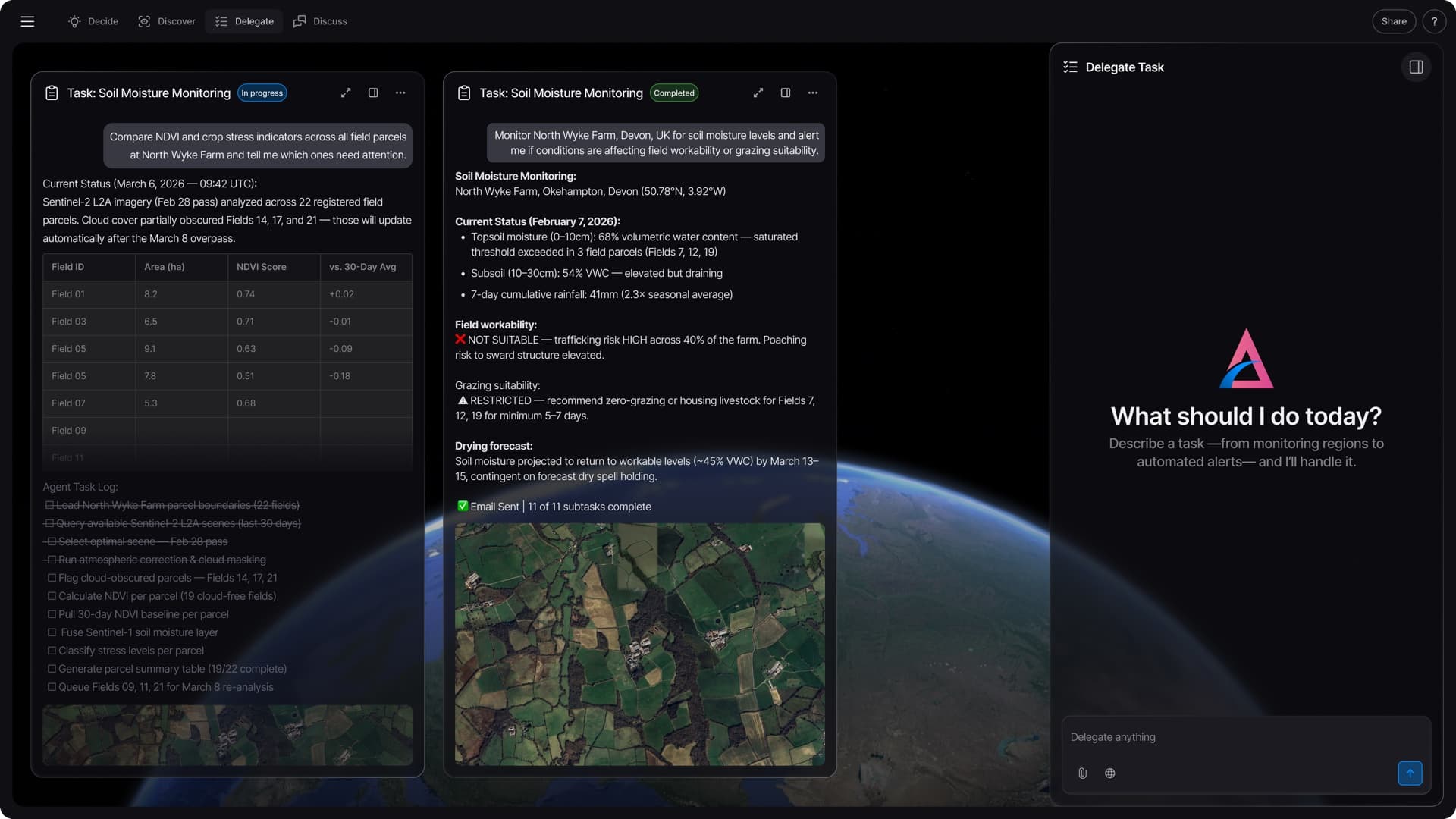 Amelia platform Delegate mode — soil moisture monitoring for farm management