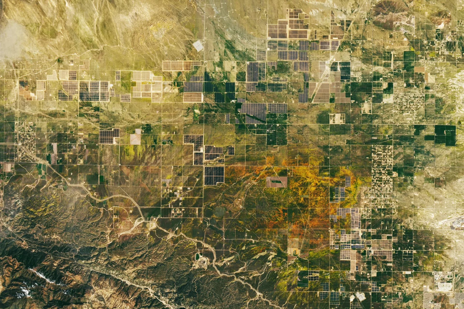 Aerial view of renewable energy infrastructure and land use
