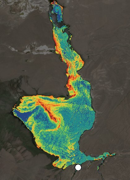 Satellite image of Crowley Lake on June 11, 2026, chlorophyll signal