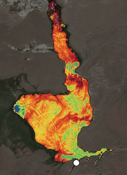 Satellite image of Crowley Lake on July 9, 2026, chlorophyll signal