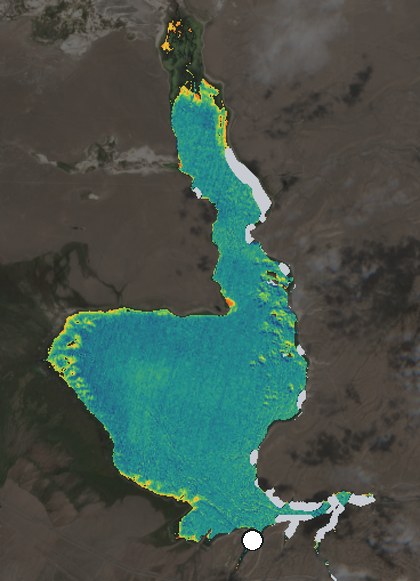 Satellite image of Crowley Lake on August 10, 2026, chlorophyll signal